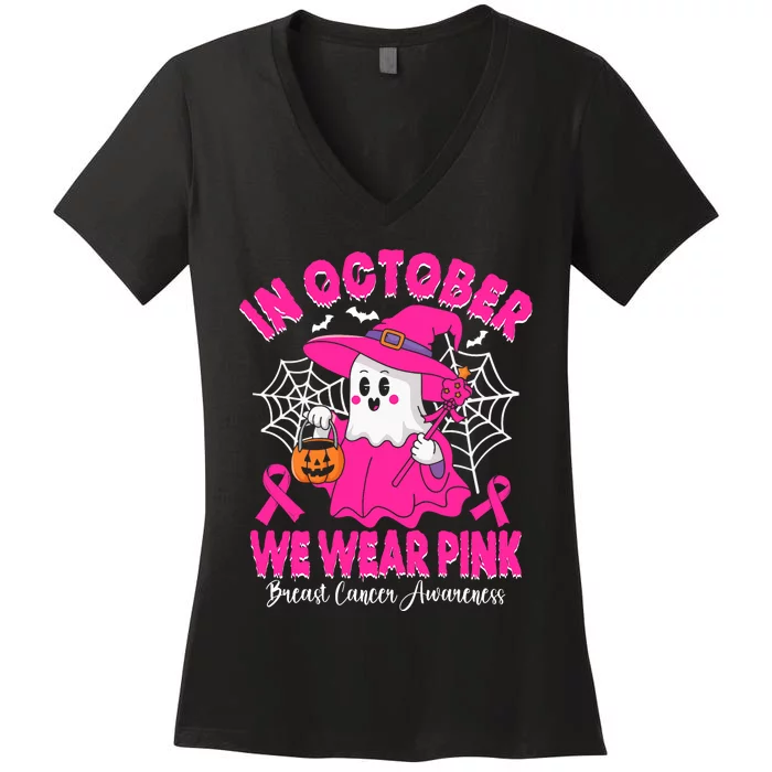 Breast Cancer In October We Wear Halloween Women's V-Neck T-Shirt