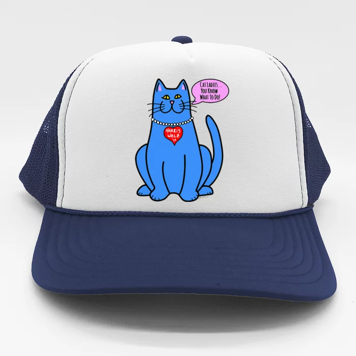 Blue Cat In Pearls Harris Walz 24 Trucker Hat