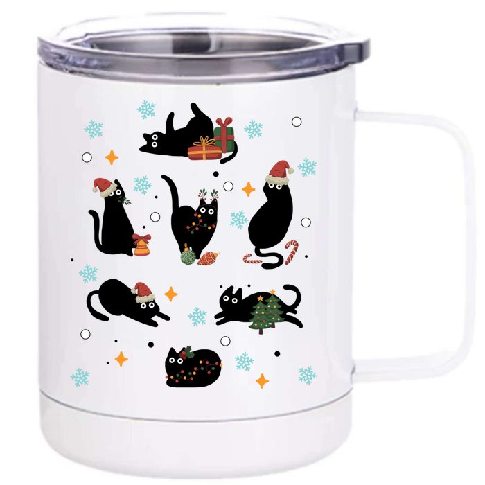 Black Cat In Christmas Santa Elf Hat Holiday Cat Lover Gift Front & Back 12oz Stainless Steel Tumbler Cup