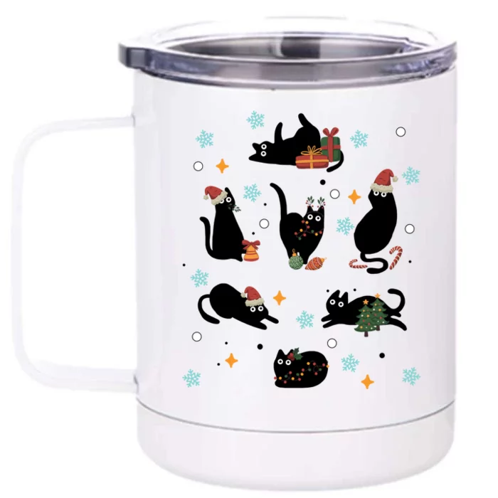 Black Cat In Christmas Santa Elf Hat Holiday Cat Lover Gift Front & Back 12oz Stainless Steel Tumbler Cup