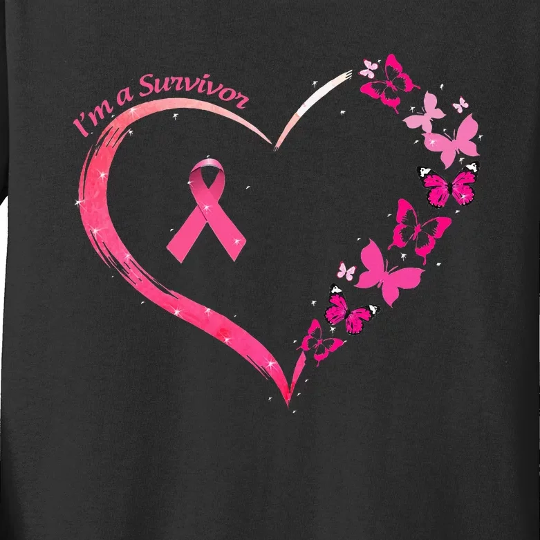 Breast Cancer IM A Survivor Butterfly Heart Awareness Kids Long Sleeve Shirt