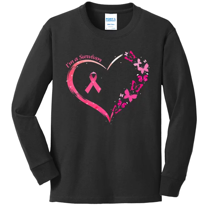 Breast Cancer IM A Survivor Butterfly Heart Awareness Kids Long Sleeve Shirt