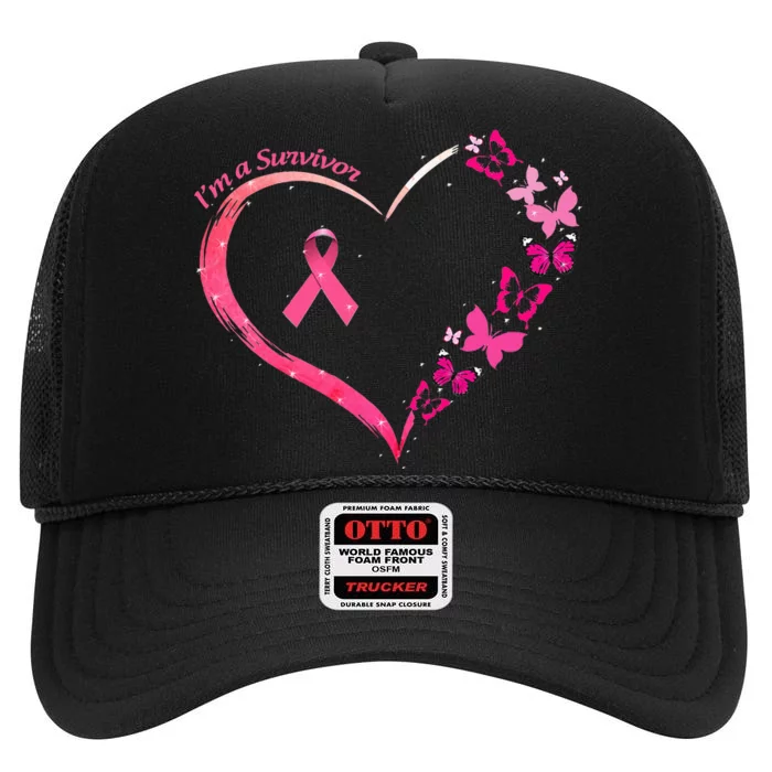 Breast Cancer Im A Survivor Pink Butterfly Heart Awareness High Crown Mesh Trucker Hat