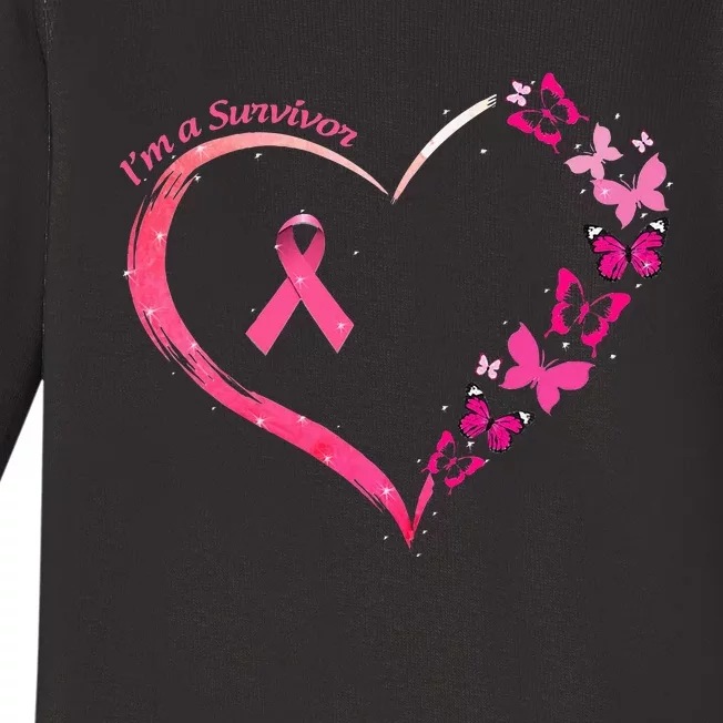 Breast Cancer Im A Survivor Pink Butterfly Heart Awareness Baby Long Sleeve Bodysuit