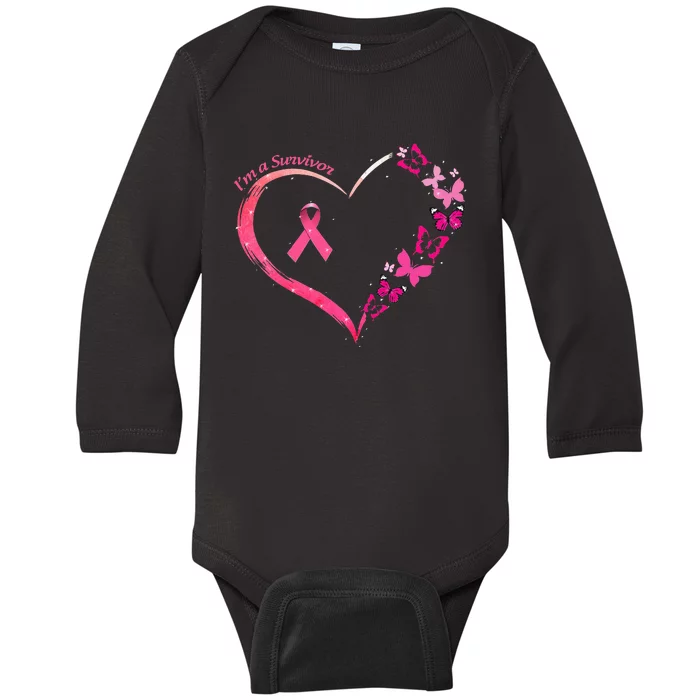 Breast Cancer Im A Survivor Pink Butterfly Heart Awareness Baby Long Sleeve Bodysuit