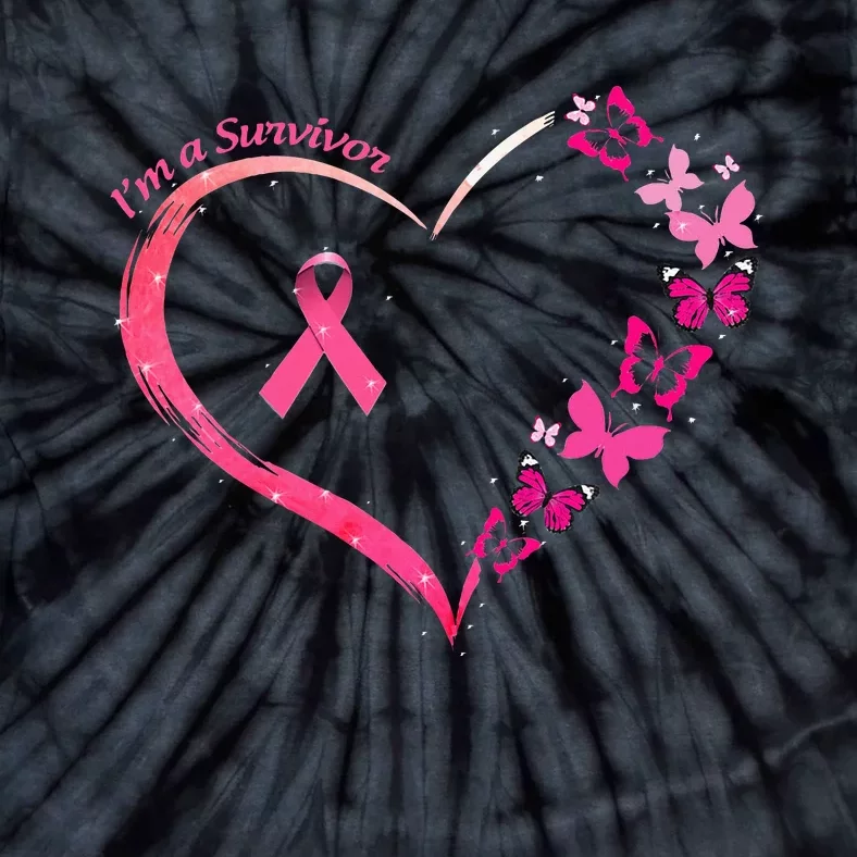 Breast Cancer Im A Survivor Pink Butterfly Heart Awareness Tie-Dye T-Shirt