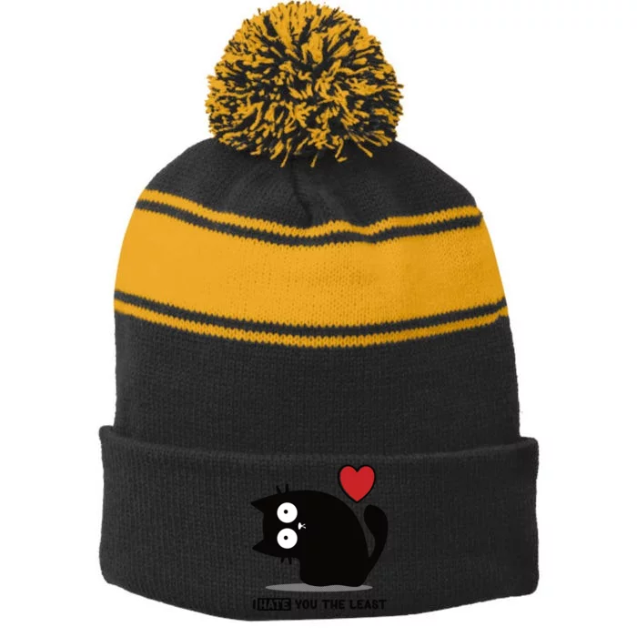 Black Cat | I Hate You The Least | Cats Heart Stripe Pom Pom Beanie