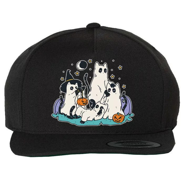 Black Cats In Ghost Costume Cute Women And Halloween Wool Snapback Cap