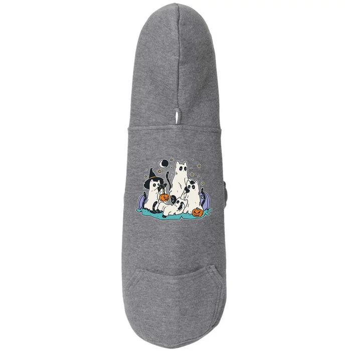 Black Cats In Ghost Costume Cute Women And Halloween Doggie 3-End Fleece Hoodie