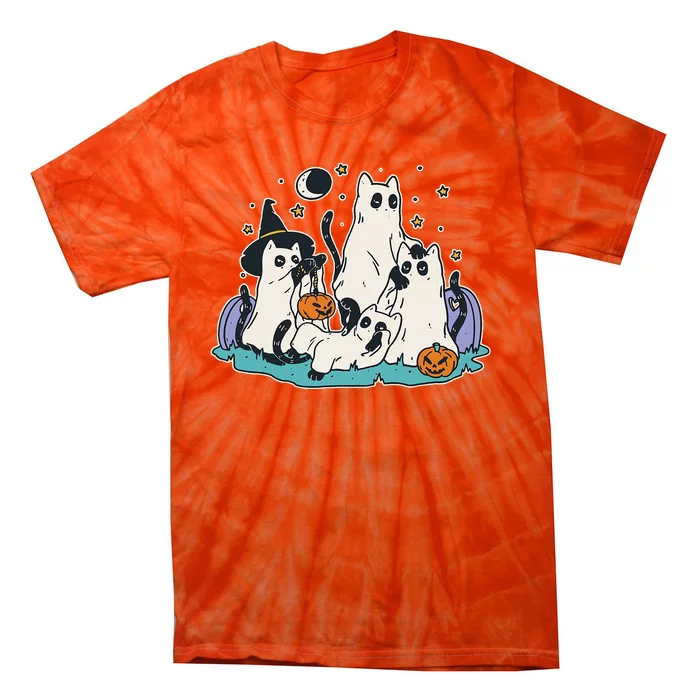 Black Cats In Ghost Costume Cute Women And Halloween Tie-Dye T-Shirt