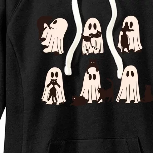 Black Cats In Ghost Costume Cute Ghost Cat Halloween Women's Fleece Hoodie