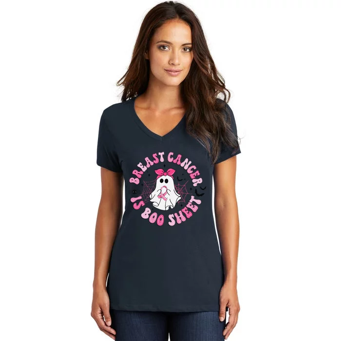 Breast Cancer Is Boo Sheet Ghost Halloween Groovy Costume Women's V-Neck T-Shirt