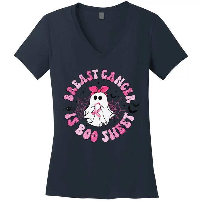 Breast Cancer Is Boo Sheet Ghost Halloween Groovy Costume Women's V-Neck T-Shirt