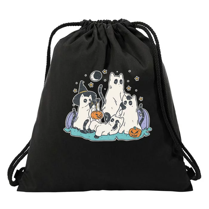 Black Cats In Ghost Costume Cute Halloween Drawstring Bag