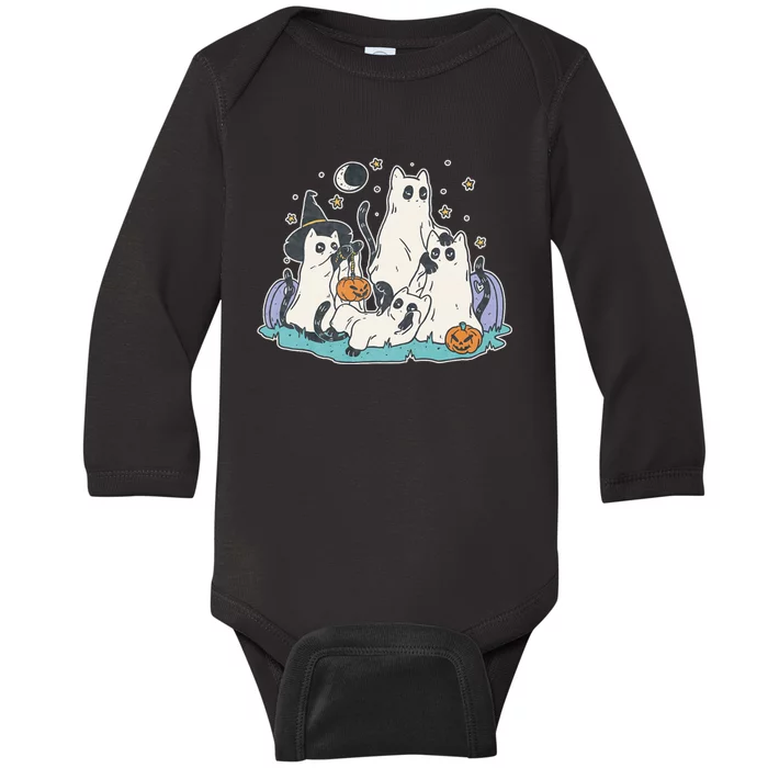 Black Cats In Ghost Costume Cute Halloween Baby Long Sleeve Bodysuit