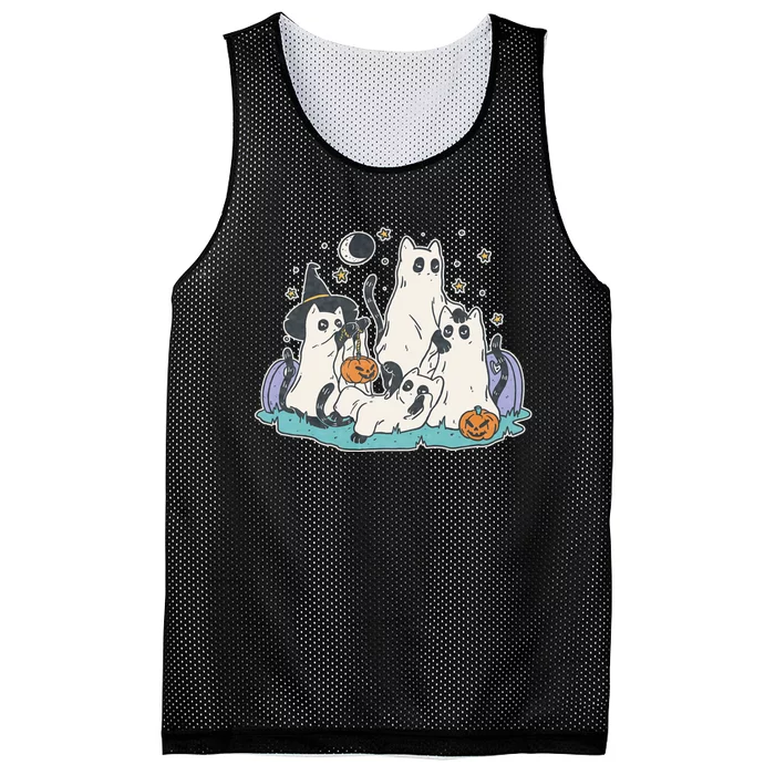 Black Cats In Ghost Costume Cute Halloween Mesh Reversible Basketball Jersey Tank