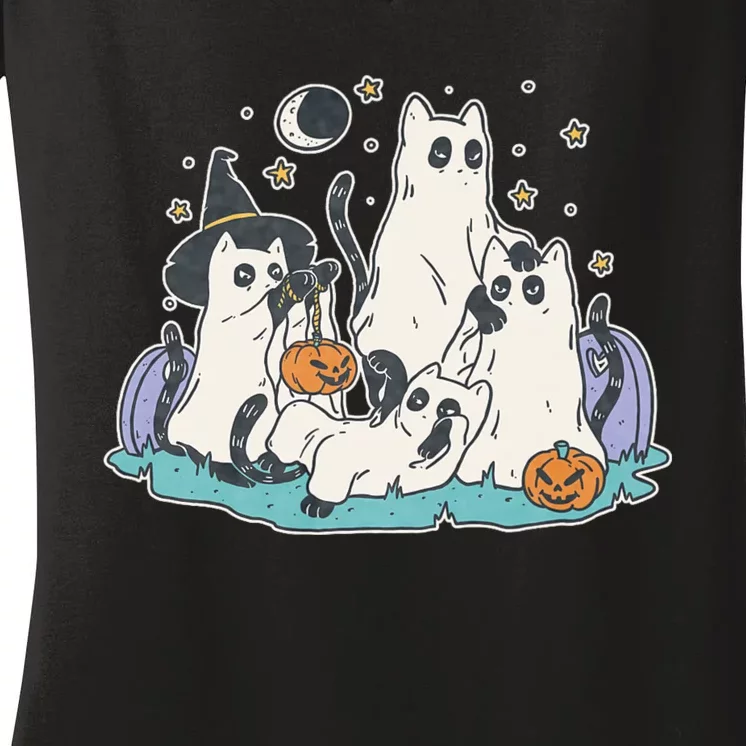 Black Cats In Ghost Costume Cute Halloween Women's V-Neck T-Shirt