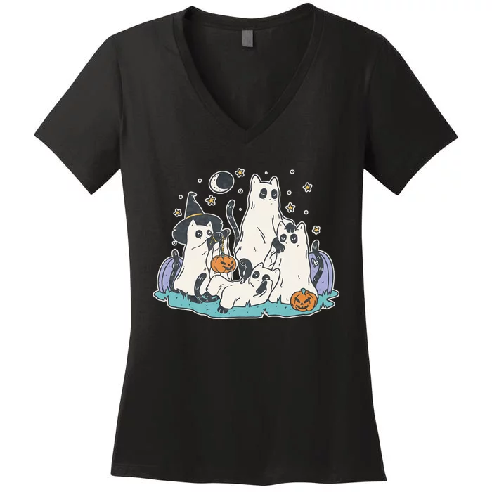 Black Cats In Ghost Costume Cute Halloween Women's V-Neck T-Shirt