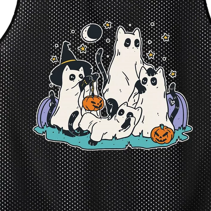 Black Cats In Ghost Costume Cute Halloween Mesh Reversible Basketball Jersey Tank