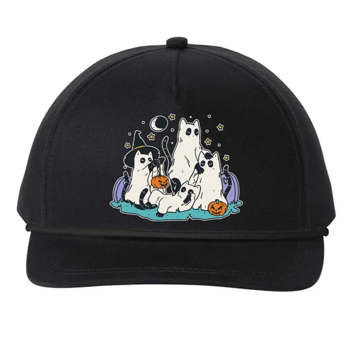 Black Cats In Ghost Costume Cute Women And Men Halloween Snapback Five-Panel Rope Hat