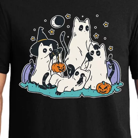 Black Cats In Ghost Costume Cute Women And Men Halloween Pajama Set