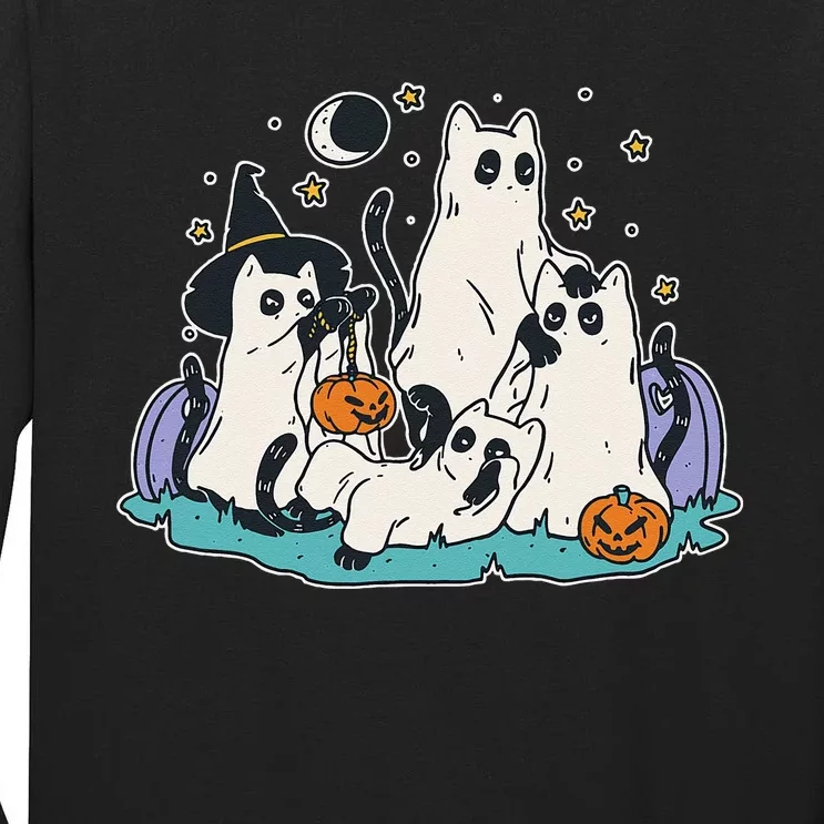 Black Cats In Ghost Costume Cute Women And Men Halloween Tall Long Sleeve T-Shirt