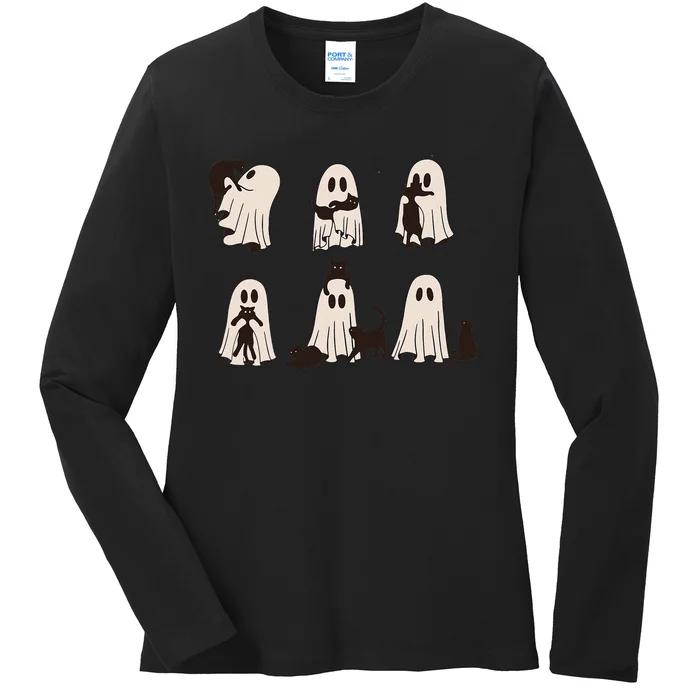 Black Cats In Ghost Costume Cute Ghost Cat Halloween Gift Ladies Long Sleeve Shirt