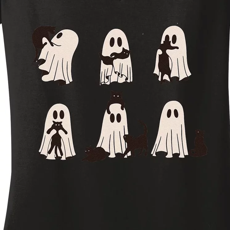 Black Cats In Ghost Costume Cute Ghost Cat Halloween Gift Women's V-Neck T-Shirt