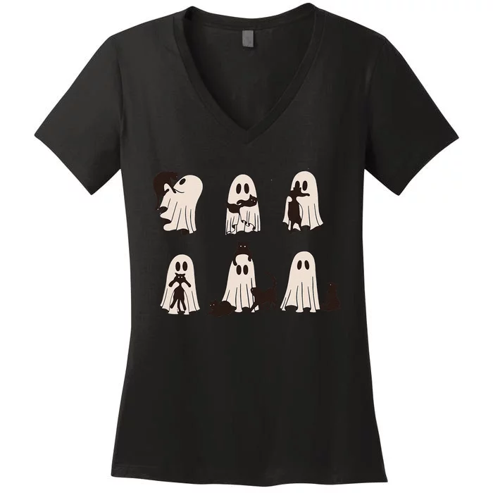 Black Cats In Ghost Costume Cute Ghost Cat Halloween Gift Women's V-Neck T-Shirt