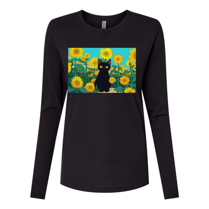 Black Cat In Field Of Sunflowers Womens Cotton Relaxed Long Sleeve T-Shirt