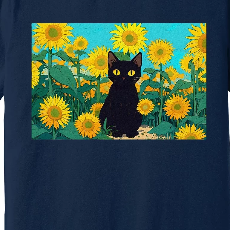 Black Cat In Field Of Sunflowers Premium T-Shirt