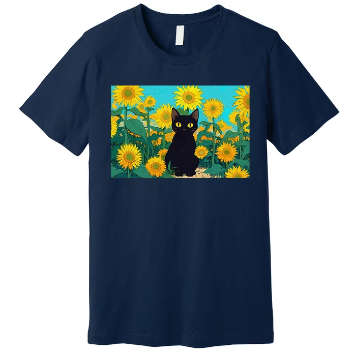 Black Cat In Field Of Sunflowers Premium T-Shirt