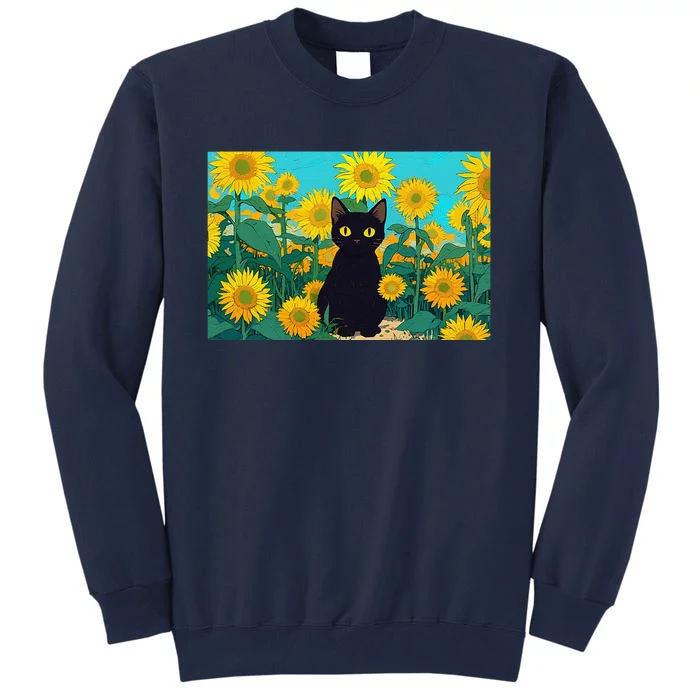 Black Cat In Field Of Sunflowers Tall Sweatshirt