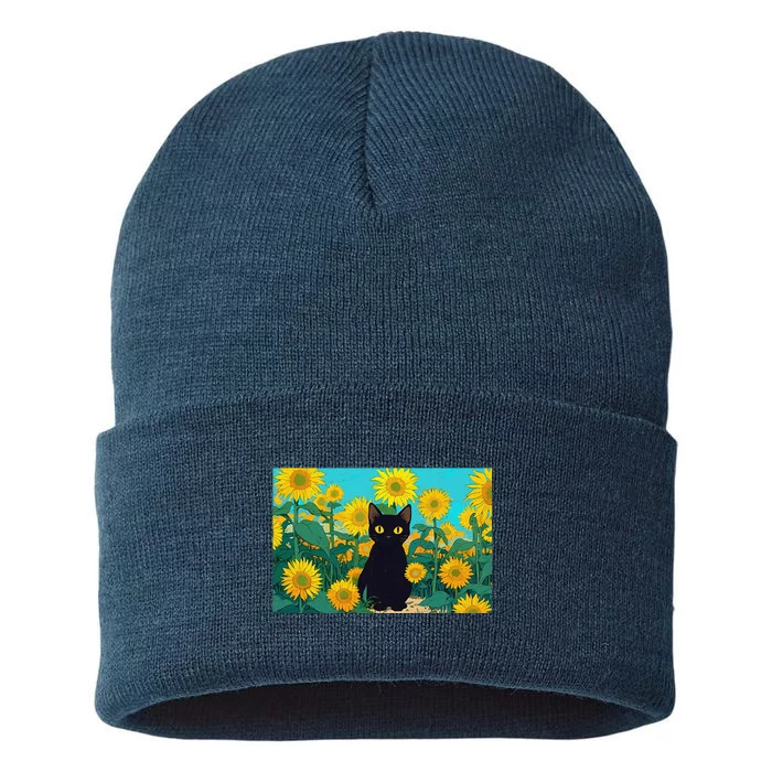 Black Cat In Field Of Sunflowers Sustainable Knit Beanie