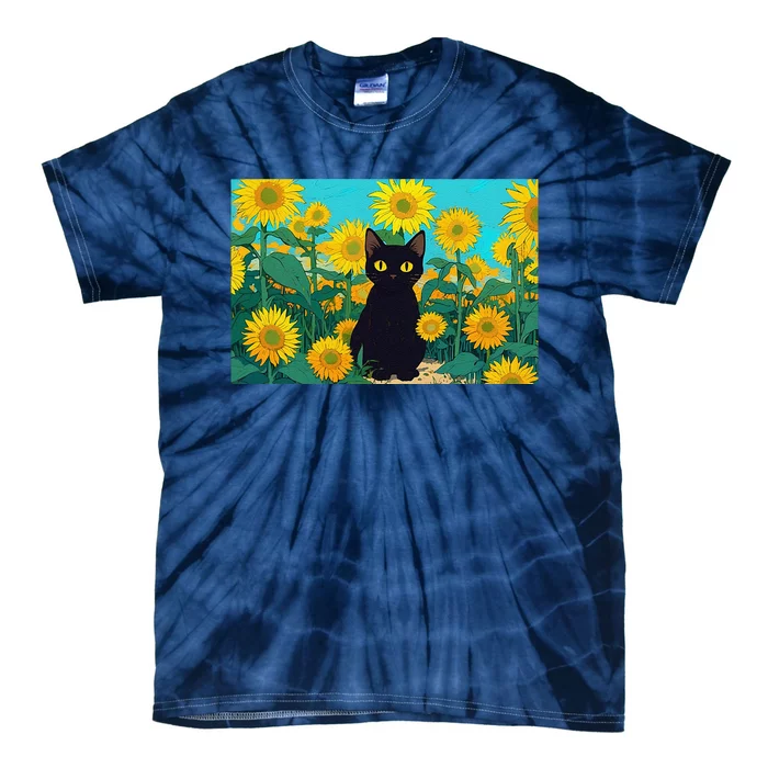 Black Cat In Field Of Sunflowers Tie-Dye T-Shirt