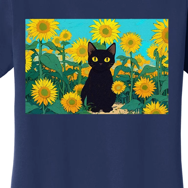 Black Cat In Field Of Sunflowers Women's T-Shirt