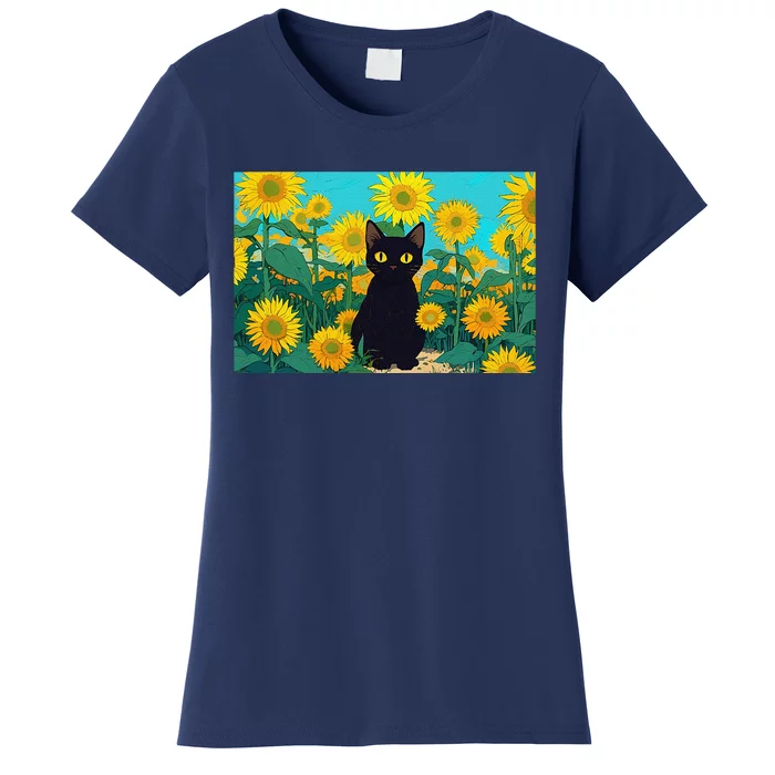 Black Cat In Field Of Sunflowers Women's T-Shirt