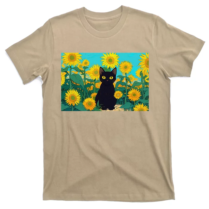 Black Cat In Field Of Sunflowers T-Shirt