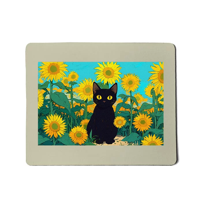 Black Cat In Field Of Sunflowers Mousepad