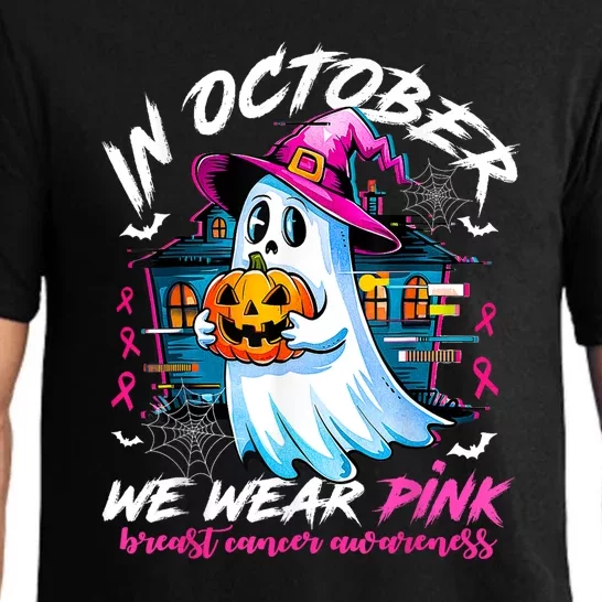 Breast Cancer In October We Wear Pin.K With halloween Ghost Awareness Gift Pajama Set