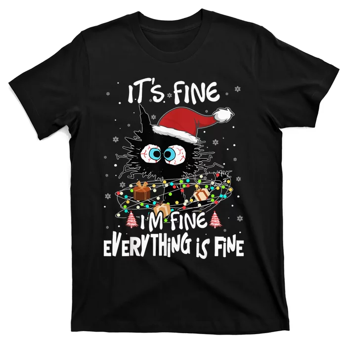 Black Cat It's Fine I'm Fine Everything Is Fine Christmas T-Shirt