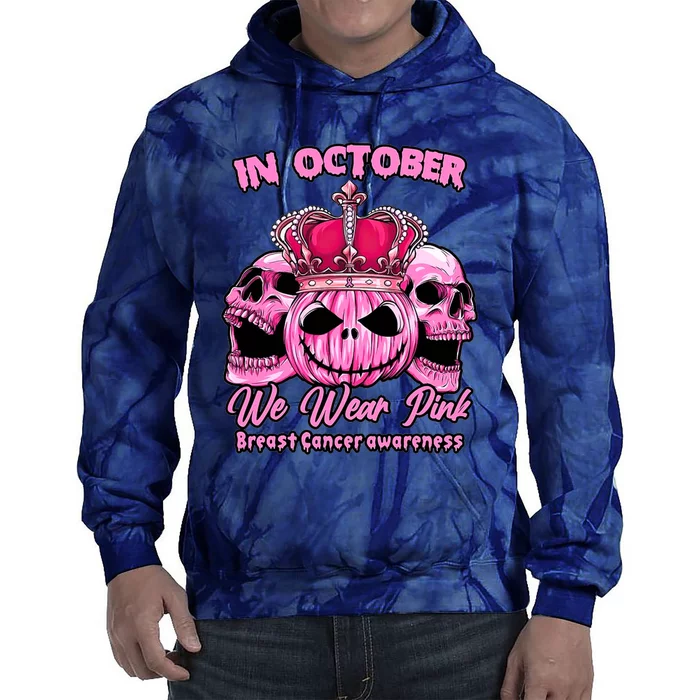 Breast Cancer In October We Wear Pink Pumpkin Skull Tie Dye Hoodie