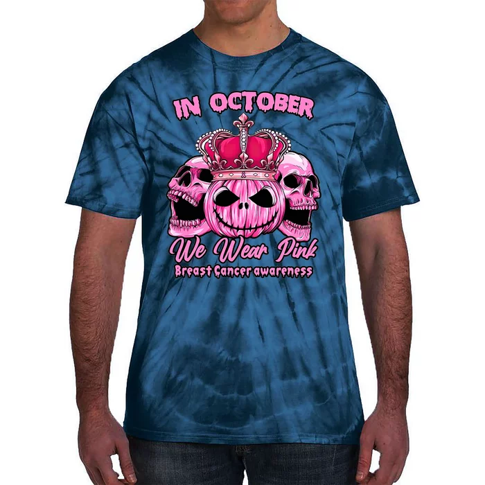 Breast Cancer In October We Wear Pink Pumpkin Skull Tie-Dye T-Shirt