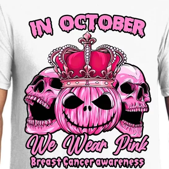 Breast Cancer In October We Wear Pink Pumpkin Skull Pajama Set