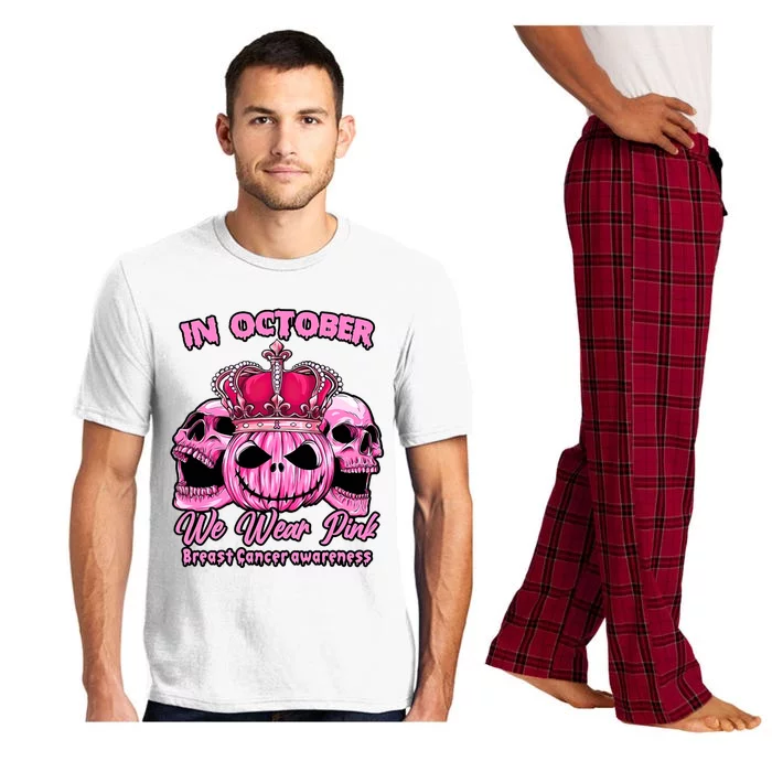 Breast Cancer In October We Wear Pink Pumpkin Skull Pajama Set