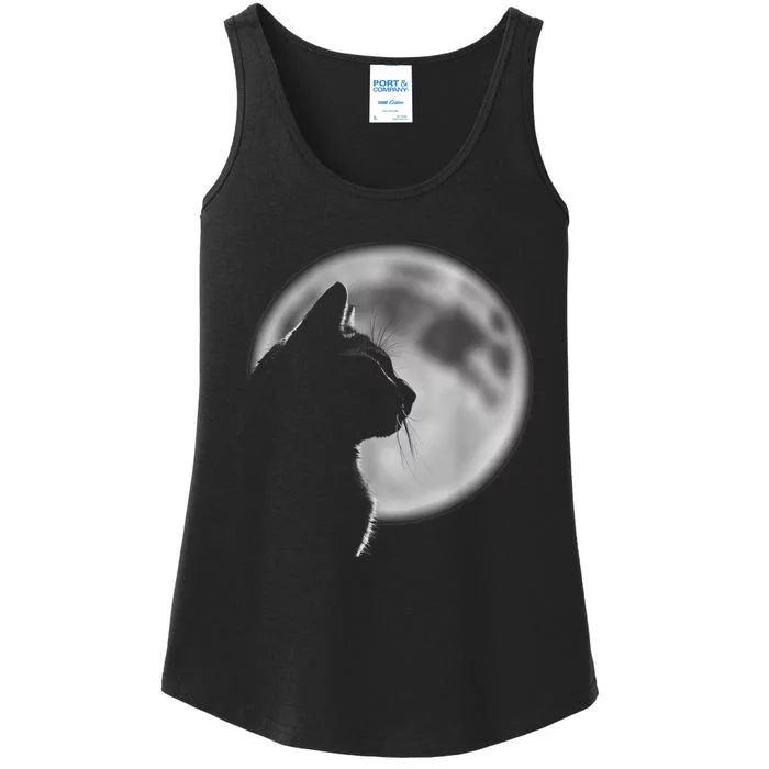 Black Cat In Front Of The Full Moon Ladies Essential Tank