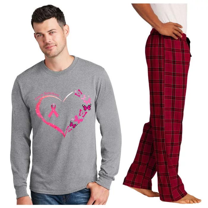 Breast Cancer I'm A Survivor Pink Butterfly Heart Awareness Long Sleeve Pajama Set