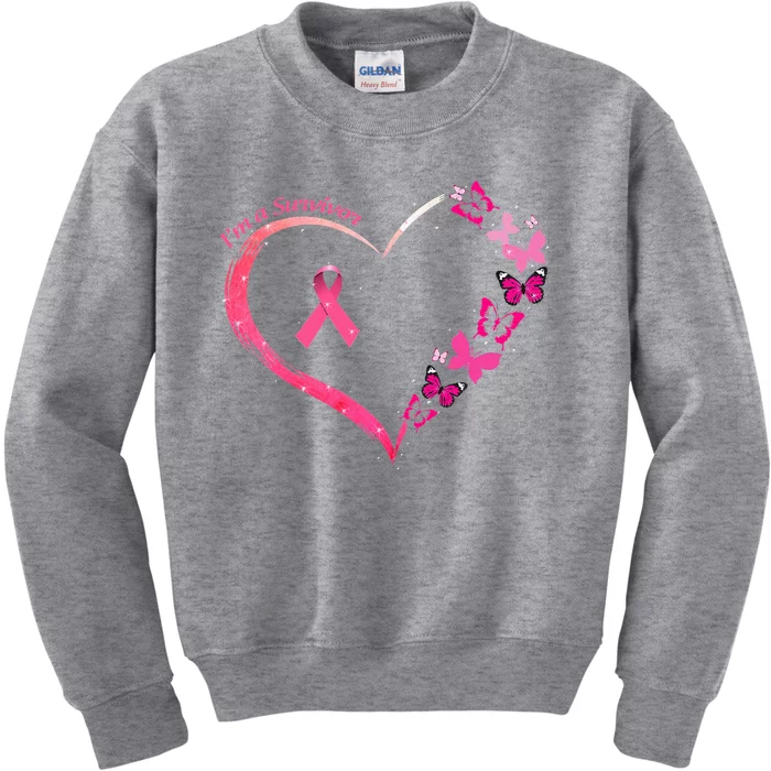 Breast Cancer I'm A Survivor Pink Butterfly Heart Awareness Kids Sweatshirt