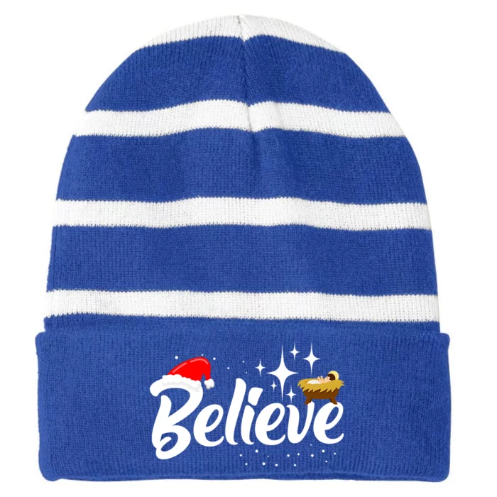 Believe Christmas Jesus Christmas Gift Striped Beanie with Solid Band