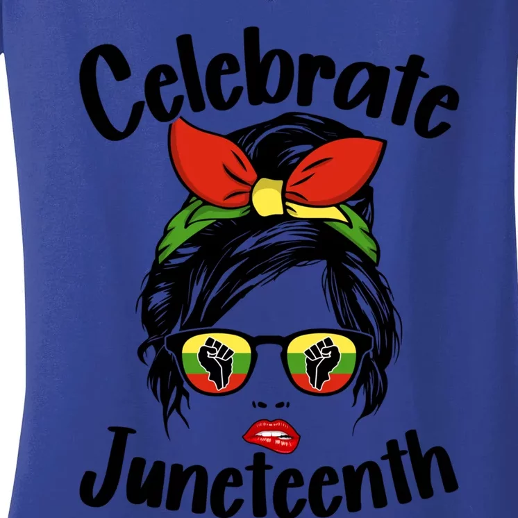 Black Celebrate Juneteenth Messy Bun Indepedence Day Funny Gift Women's V-Neck T-Shirt